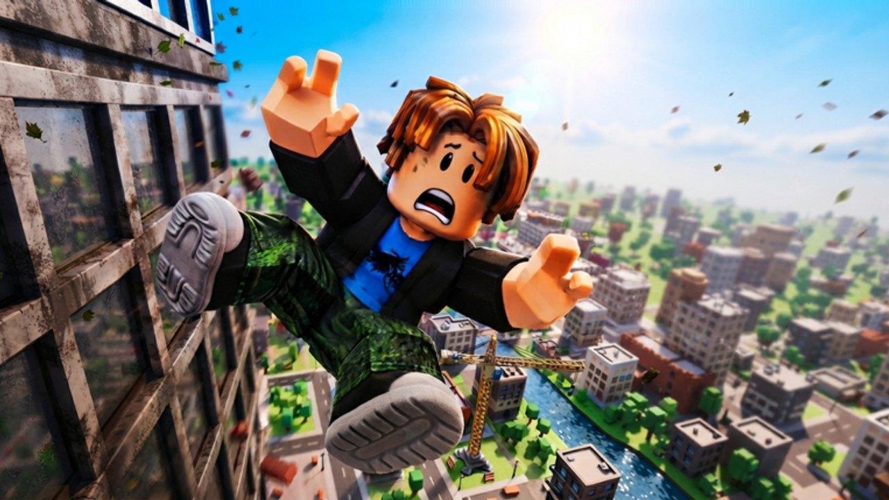 Roblox avatar falling off a skyscraper in Fall Off A Building with the city below