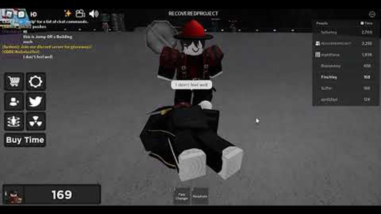 Fall Off A Building HUD showing Buy Time, the Time leaderboard, and a ragdolled avatar